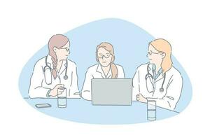 Doctors meeting, hospital staff, clinic personnel concept vector