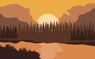 Beautiful vector landscape illustration, Peaceful sunrise over mountains, ocean and forest. Travel, hiking, outdoors and adventure concept. Use as background or wallpaper.