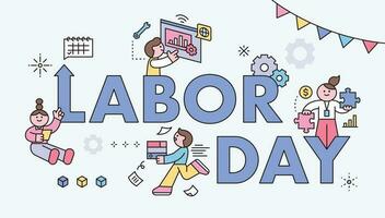 Labor Day. people who are working. Big letters and cute worker characters. Web page, poster template. vector