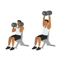 Man doing Seated Shoulder hammer. Overhead presses exercise. Flat vector