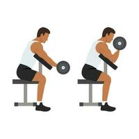 Man doing one arm dumbbell preacher curl side view. vector