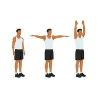 Man doing double arm side or lateral raises to overhead extension exercise. vector