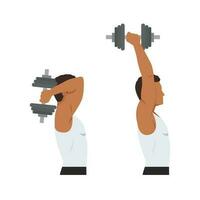 Man doing Dumbbell overhead triceps extension exercise. Flat vector