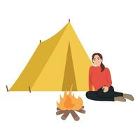 Young caucasian woman sitting near campfire at campsite. Travelling woman sitting on a log near campfire. Woman relaxing near campfire vector