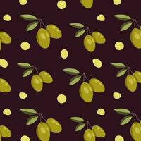 Vector seamless pattern with green olives on dark. Background design for olive oil, natural cosmetics.