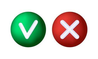 3D Check mark and cross buttons on white background. vector