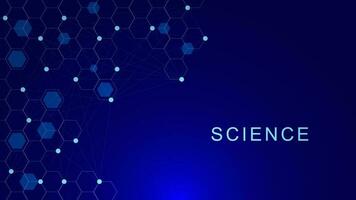 Abstract science and technology concept background with hexagonal shapes and glowing particles on dark blue background. Vector illustration.