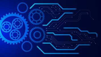 Gears with electronic circuit board digital high technology concept. Cyber security, mechanical engineering background design. Vector illustration.