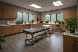 Occupational therapy room with treatment beds, created with photo