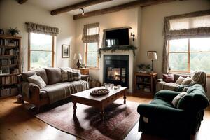 interior of modern living room with sofa, coffee table and plants. photo