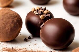 Chocolate truffles. An assortment of chocolate, candy, bars and chocolate pieces on a wooden background, sweet food. Chocolate cake. photo