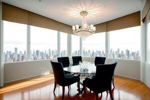 Interior of modern Dining room with a large window . photo