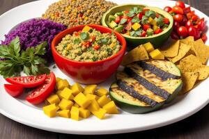 Vegetarian cuisine. Tasty Couscous with vegetables and spices in bowls on wooden table, Bowls of healthy vegetarian lentil salad , photo