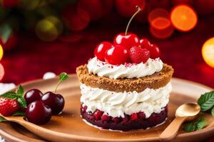 Christmas cake with whipped cream and fresh berries on a wooden table. Delicious pudding with raspberry sauce. photo