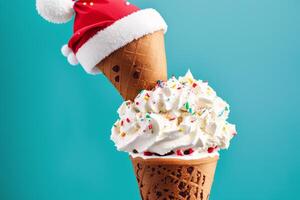 delicious Ice cream cone with chocolate and whipped cream on a wooden table. sweet food. photo