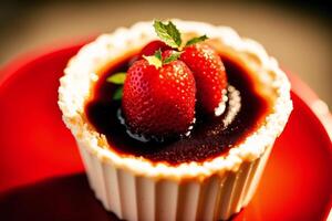 Delicious Chocolate cake with cream and icing sugar on a white plate. Eclairs with chocolate cream and cherry, photo