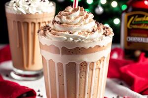 A glass of milkshake with whipped cream and blackberries.Strawberry milkshake, Raspberry milkshake. photo