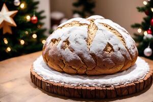 Freshly baked bread on a wooden board, close-up. French bread. loaf of white bread. photo