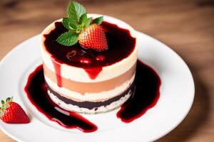 Panna cotta with berry sauce, chocolate and cocoa powder and mint. Delicious chocolate pudding with raspberry sauce. photo