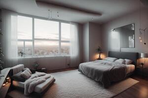 Interior of modern bedroom with gray walls, wooden floor, comfortable king size bed and window with countryside view. photo