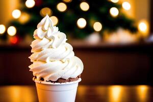 delicious Ice cream cone with chocolate and whipped cream on a wooden table. sweet food. photo