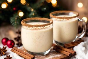 Ponche de huevo con azotado crema y canela en un Navidad antecedentes. generativo ai foto