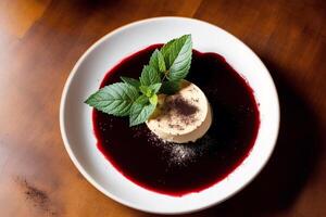 Panna cotta with berry sauce, chocolate and cocoa powder and mint. Delicious chocolate pudding with raspberry sauce. photo