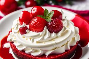 Christmas cake with whipped cream and fresh berries on a wooden table. Delicious pudding with raspberry sauce. photo