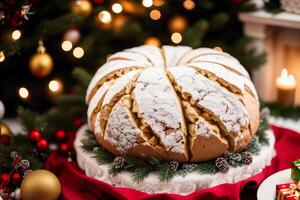 Freshly baked bread on a wooden board, close-up. French bread. loaf of white bread. photo