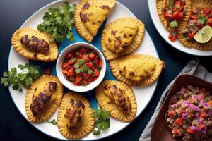 South American cuisine. Tasty pie with rice and vegetables served on plate, closeup. photo