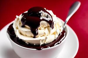delicioso hielo crema cono con chocolate y azotado crema en un de madera mesa. dulce alimento. generativo ai foto