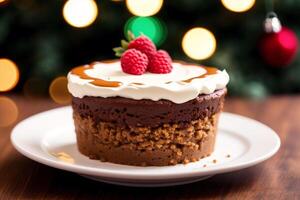 Delicious Chocolate cake with cream and icing sugar on a white plate. Eclairs with chocolate cream and cherry, photo