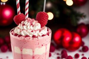 A glass of milkshake with whipped cream and blackberries.Strawberry milkshake, Raspberry milkshake. photo
