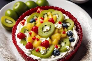 Christmas cake with whipped cream and fresh berries on a wooden table. Delicious pudding with raspberry sauce. photo