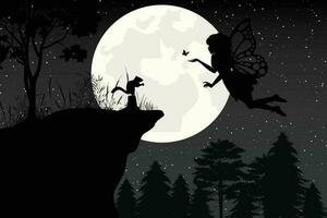 cute fairy and moon silhouette illustration graphic vector