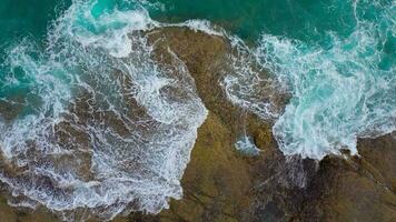 oben Aussicht von das Wüste Strand auf das atlantisch Ozean. Küste von das Insel von Teneriffa. Antenne Drohne Aufnahmen von Meer Wellen erreichen Ufer video