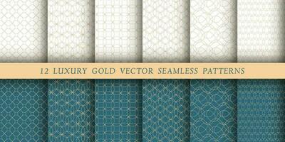 Set of 12 luxurious vector seamless patterns. Geometrical patterns on a white and emerald background. Modern illustrations for wallpapers, flyers, covers, banners, minimalistic ornaments, backgrounds.