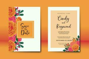 Wedding invitation frame set, floral watercolor Digital hand drawn Orange Rose Flower design Invitation Card Template vector