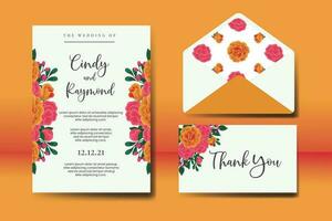 Wedding invitation frame set, floral watercolor Digital hand drawn Orange Rose Flower design Invitation Card Template vector