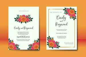 Wedding invitation frame set, floral watercolor Digital hand drawn Orange Rose Flower design Invitation Card Template vector