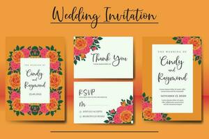 Wedding invitation frame set, floral watercolor Digital hand drawn Orange Rose Flower design Invitation Card Template vector