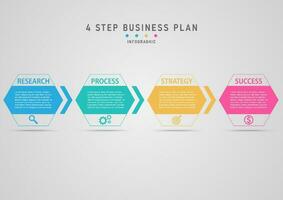 Infographic 4 Steps to Successful Business Planning multi colored hexagon arrows and icons gray gradient background design for marketing, finance, investment vector