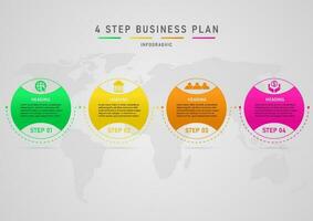 Multi-color circle infographic 4 steps business plan for success Dotted lines with arrows outside icons inside. world map below gray gradient background vector