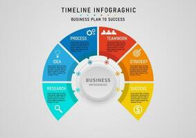 infographic business planning The circle is divided into 6 multi-colored pieces. The circle button in the center. There are various characters and icons. on a gray gradient background vector