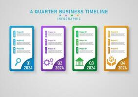 infographic business planning 4 quarter bright multi colored squares with month abbreviation and icons on gray gradient background design for marketing, growth, finance, investment, product vector