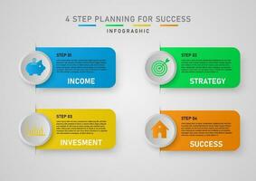 timeline infographic 4 steps to planning for success Bright multicolored circles and squares. Various icons. Design for business, marketing, investment, planning. vector