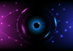 Abstract electronic circuit technology circle glowing eyes in the middle beautiful curved lines glowing dots on the lines gradient background pink and blue vector