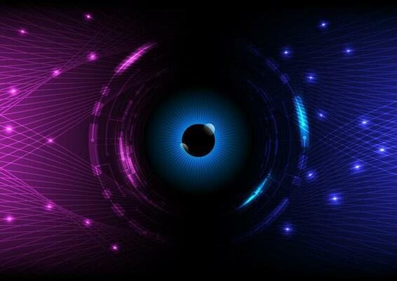 Abstract electronic circuit technology circle glowing eyes in the middle beautiful curved lines glowing dots on the lines gradient background pink and blue