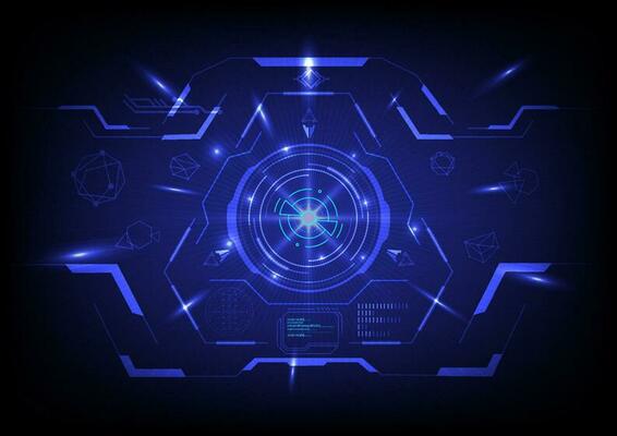 abstract futuristic spaceship control screen technology circle with crosshair Measuring Elements A beam of light with a line that shoots towards a blue gradient background.