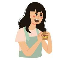 a portrait of woman eating a burger with happy face holding with both hands illustration vector